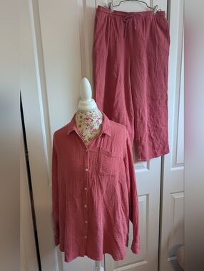Jessica Simpson Salmon Melon Pink 100% Cotton Gauze Button Down Shirt & Pants XL